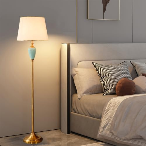 Chao Zan Stehlampe Wohnzimmer, E27-Bogenlampe, Leselampe mit Verstellbarer Leinen Lampenschirm Stoff Fußschalter, Stehleuchte Keramik Bettlampe Büro für Wohnzimmer, Schlafzimmer, Arbeitszimmer, Gold