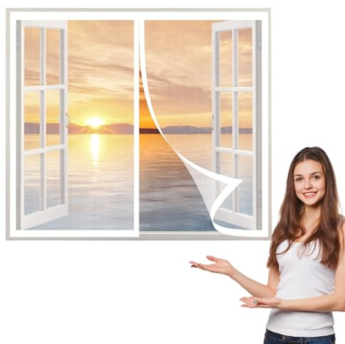Mosquitera Magnética para Ventana 90 x 125 cm, Protección de Insectos Mosca Cortina Instalar sin Taladrar para Todas Las Ventanas Interiores y Exteriores, Blanco