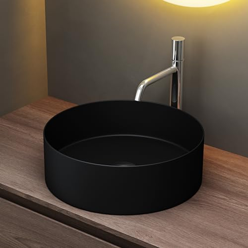 Mai & Mai Bathroom Sink Basin Countertop Wash Basin | Ceremic Round Matt Black | Modern Design Bathroom Vessel Sink | WDH: 40x40x13cm | Nano-Coating Brüssel203