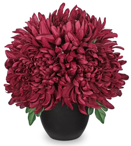 Hollyone Künstliche Chrysantheme Rot Kunstblumen im Topf, 25cm Seide Chrysanthemen Blumen Deko, Künstliche Spinnenmütter Dekorative Blume für Büro Haus Schlafzimmer Wohnzimmer Tischdeko