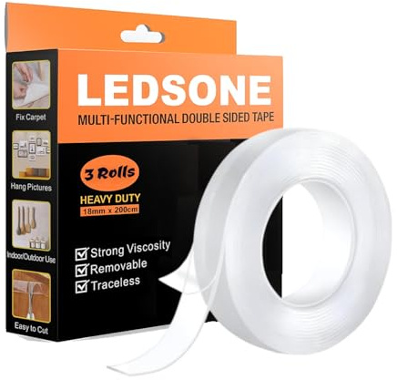 LEDSone 3 Roll Clear Double Sided Tape Heavy Duty 2 m, Strong Double Sided Sticky Tape, Double Sided Carpet Tape Clear Tape Nano Tape Transparent Double Sided Adhesive Tape Waterproof Mounting Tape