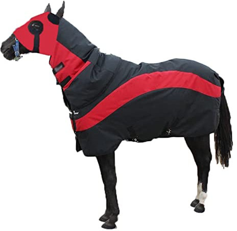 Pferde-Winterdecke 600D, Schwarze Decke mit Kapuze mit Kombihals Winter-Pferdedecke mit abnehmbarem Hals, bequem und langlebig für den Winter, 300 g, mittleres Gewicht, 145 cm