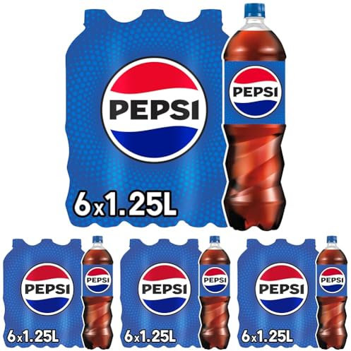 Pepsi Cola, Das Original von Pepsi, Koffeinhaltige Cola in Flaschen aus 100% recyceltem Material, EINWEG (6 x 1.25 l) (Packung mit 4)