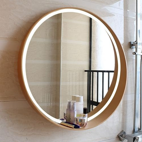 Badezimmerspiegel , 50 cm, 60 cm, 70 cm, runder LED-Badezimmerspiegel mit Holzrahmen, runder Kosmetikspiegel, V-intage-Wandspiegel Compatible with Wohnzimmer, Flur, Schlafzimmer, großer Schminkspiegel