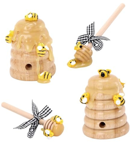 DECHOUS Bee Festival Straw Beehive Ornament with Honey Dipper Stick, 4pcs Tiered Tray Decoration Set for Kitchen and Home Décor Accents