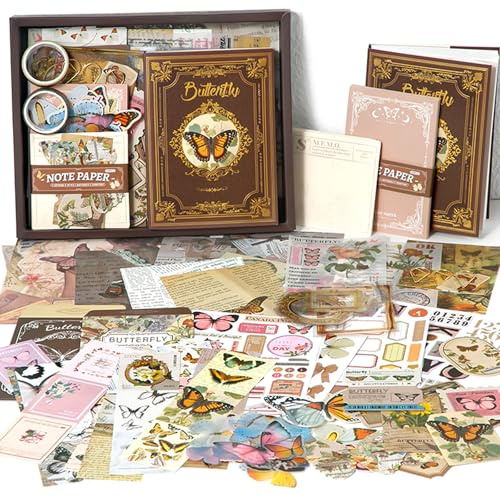 Scrapbook Zubehör Set,Scrapbooking Papier Ästhetisches mit A6 Raster Notizbuch, Scrapbooking Aufkleber, Dekoratives Schreibpapier, DIY Geschenk für Mädchen Damen Grußkarten (Brown Butterfly)
