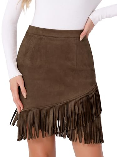 Allegra K Donna Gonna in Finta Pelle Scamosciata con Frange Elasticizzate, Minigonne Casual Vintage A Vita Alta Marrone Scuro S
