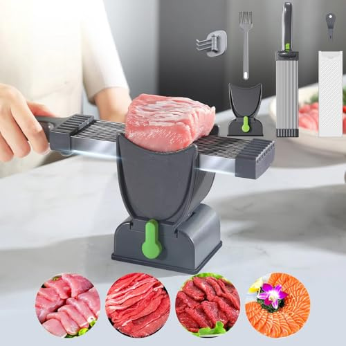 Fleischschneidemaschine für zu Hause, Fleischerbeil aus Edelstahl, 2–4 mm dick, verstellbarer Frischfleischschneider mit Spitzer,2 x Reinigungsbürsten,Haken,spülmaschinenfest,Rind, Schweinefleisch