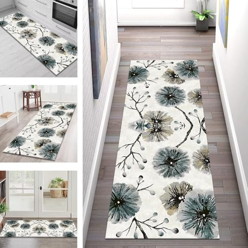 Teppich Läufer Lang Flur Küche Teppichläufer Rutschfest Waschbar Küchenläufer Teppichmatten Grau Schwarz Türkis Schmutzfangmatte 50X200CM Meterware Flurteppich Wohnzimmer Schlafzimmer Küchenteppich