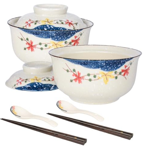 Aulivra Ceramic Ramen Bowl Set, Japanese Ramen Bowls, 28 Oz(800ml), Ceramic Bowl Set for Pasta Bowl, Snack, Soup, Salad, Cereal Food, with Lid, Spoons, Chopsticks (Flower)