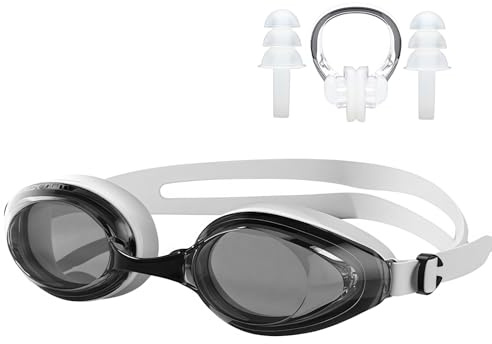 Occhialini da Nuoto per Uomo Donna,Occhialini Piscina Anti-Appannamento Anti-perdite,Occhialini Piscina con Ampie Lenti con Clip per Naso da Nuoto E Tappi per Orecchie per Sport Acqua Bianco