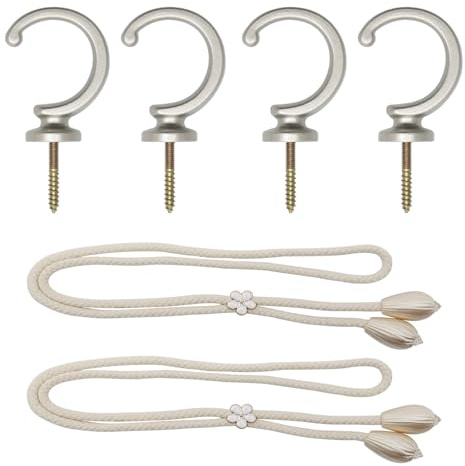 4 Stück Vorhang Raffhalter, Gardinenhalter Wand Ring, Gardinen Raffhalter with 2 Stück Gardinenhalter Vorhanghalter für Bäder, Küchen, Büros, Esszimmer（Curtain Tie Backs Hooks