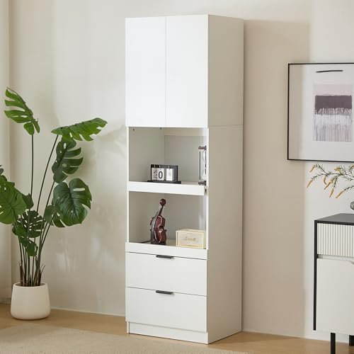 Armoires de Cuisine Hauteur 200cm armoires Hautes avec 2 Portes tiroirs étagères Micro-Ondes buffets autoportants pour Salle à Manger Salon Armoire Blanc