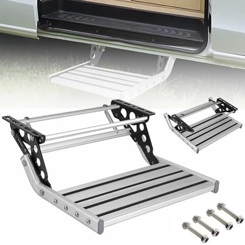 HEYOUTH Manuell trappsteg för husbilar – Indragbar aluminiumtrappa med halkfri yta, 200 kg bärkapacitet, 12V LED-belysning & fjäderförstärkning (Enkel skruvmontaž)