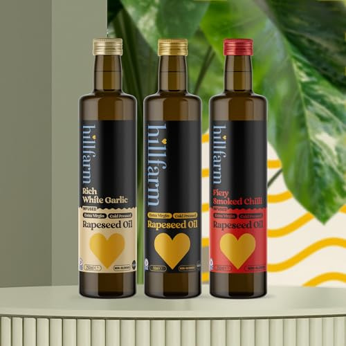 Hillfarm 'Essential' Collection - 3 x 250ml | Extra Virgin Cold Pressed Rapeseed Oil | Low in Saturated Fat | High in Omega 3 | Chilli & Garlic Infused Oil | Gluten Free & Vegan