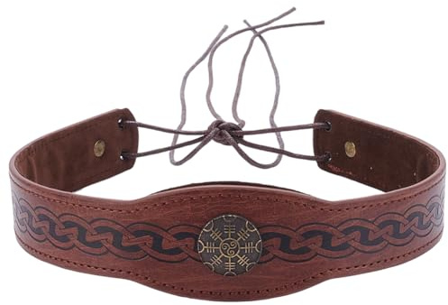 CALFOVERA Mittelalter Kopfschmuck Retro Geprägter Wikinger Helm Kunstleder Verstellbares Stirnband Renaissance Mittelalter Schmuck Damen Herren Halloween Kostüm Zubehör Für LARP Cosplay Party