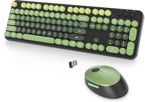 SbocKeeb Keyboard and Mouse Wireless, American QWERTY Cute Typewriter Wireless 2.4GHz Colorful Full Size Keyboard with Number Pad, for Windows PC Laptop (Black Green)