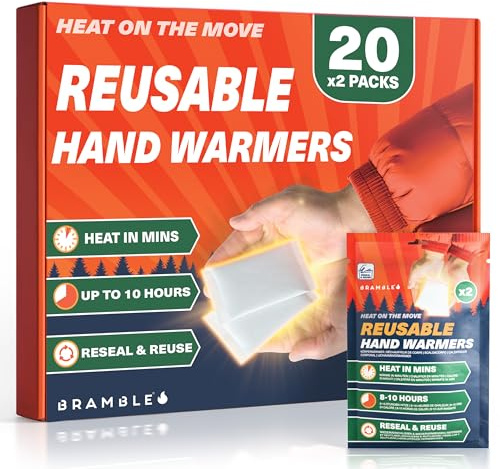 BRAMBLE 40 Hand Warmers (20 Pairs, 8 Hours Heat Over 10 Days) - Reusable Pocket Warmer Pads for Golf, Hiking, Sport
