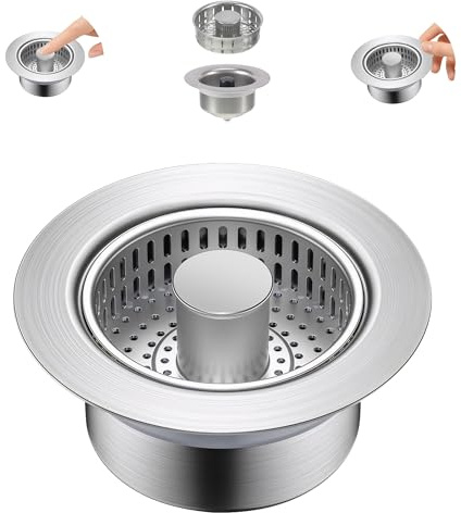 WUISOLQP Colador para fregadero de cocina, diámetro de 75 – 87 mm, profundidad > 60 mm, 3 en 1, de acero inoxidable, con cesta de filtro, para cocina, cuarto de baño