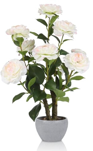 HPNIUB Künstliche Kamelie Topfpflanze mit Steintopf Kunstblume Tischpflanze Realistische Deko Pflanze Innendeko für Zuhause Schlafzimmer Bad Bürotisch 37x32x52cm