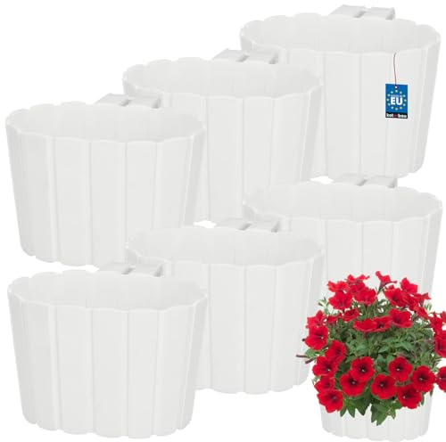 KOTARBAU® Blumenkasten für Balkon 20x14x13 cm, Balkonkasten mit Halterung | Blumenkasten für Balkongeländer, Balkon Pflanzkasten oval, Balkon Deko, Balkonkästen aus Kunststoff, Weiß, 6er Set