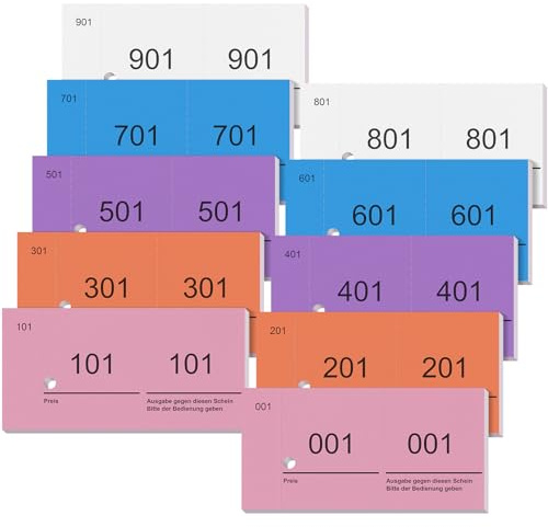 Nezyo Doppelnummern Nummernblöcke 1-1000, Rosa, Lila, Weiß, Orange Hellblau | 10 x 5 cm, Nummernblöcke Lose Nummeriert, Garderobenmarken Großpackung, Zahlenblöcke für Garderobe, Events, Party und Messen