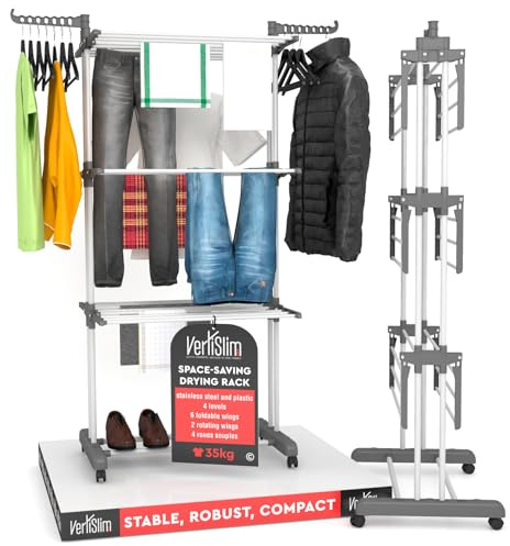 VertiSlim Dry Wäscheständer Klappbar Wäschetrockner Turm Platzsparender mit 4 Ebenen - Turm-Wäscheständer aus Edelstahl - Vertikaler mit Rädern und Seitenflügeln - Farbe Grau für Drinnen Draußen