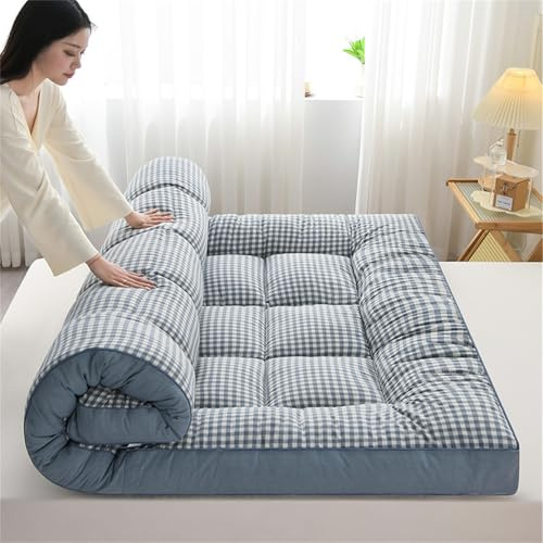 Colchón japonés de suelo, colchón grueso de futón, colchón enrollable, tapete de cama para dormitorio, almohadilla de dormir, cama acolchada (verde a cuadros, 120 x 200 cm), solución para dormir