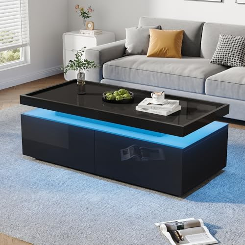 Couchtisch Wohnzimmertisch mit LED-Leuchte, Kaffeetisch mit 2 Schubladen, Hochglanz Sofatisch, Moderner Minimalistischer Tisch, Beistelltisch mit Geometrischem Design, Schwarz, 95*45*35cm (Schwarz)