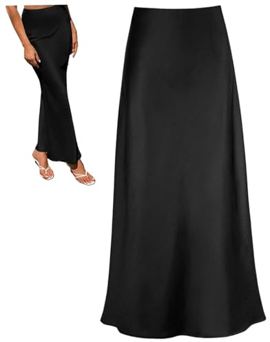 Hperu Jupe Maxi en Satin Taille Haute avec Ceinture élastique cachée, Longue Jupe Noire A Line pour Femmes, Tenue de soirée élégante
