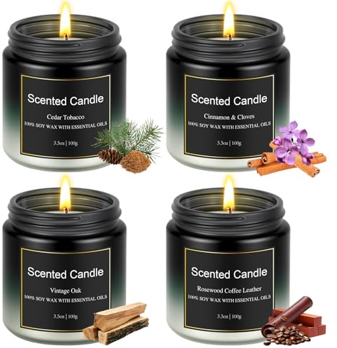 Duftkerze im Glas für Männer Frauen, 4x3.5oz Duftkerze Geschenkset Set | Düft Kerzen im Glas mit Natürlichem Sojawachs, 100Std Brenndauer, Kleine Geschenke für Geburtstag, Vatertag, Weihnachten