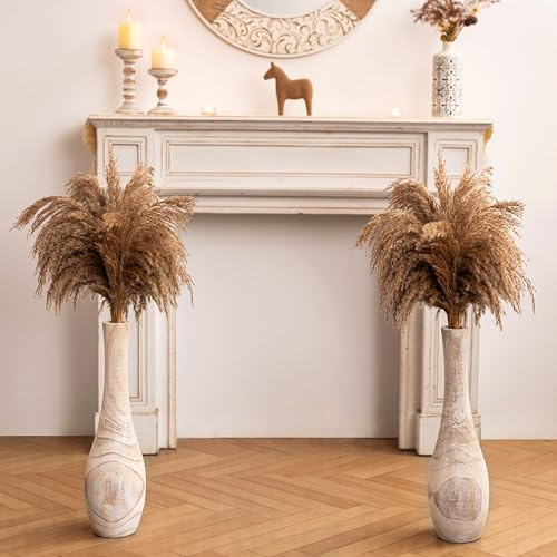 Hanobe Groß Bodenvase Holz Vase Set of 2 Hoch Boden Vasen Flur Deko | XXL Skandinavische Deko für Flur Wohnzimmer, 56cm Landhausstil Natur Blumenvase mit Loch für Pampasgras
