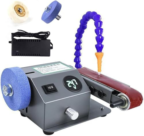 GYKOZY Levigatrice elettrica da banco per Uso a Secco e a Umido, Mini affilacoltelli con 10 Nastri abrasivi, 0-13000 Giri/min, Tubo Flessibile per l;Acqua per levigare e lucidare Metallo e Legno.