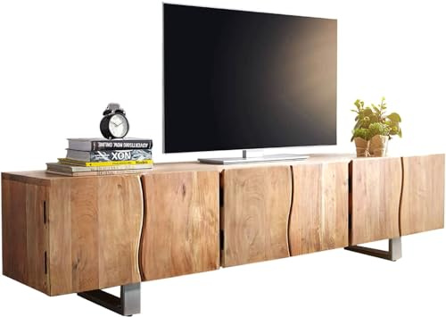 DELIFE Fernsehtisch Live-Edge Akazie Natur 220 cm 6 Türen Massivholz Baumkante Lowboard