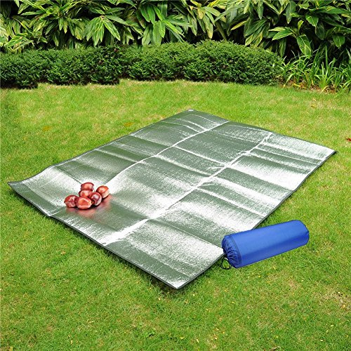 Keersi Doppelseitige große Picknickdecke, Teppich, wasserdicht, tragbar, faltbar, Aluminiumfolie, Schlafmatratze, Strandkissen, Grillunterlage - Silber, 200 x 200 cm