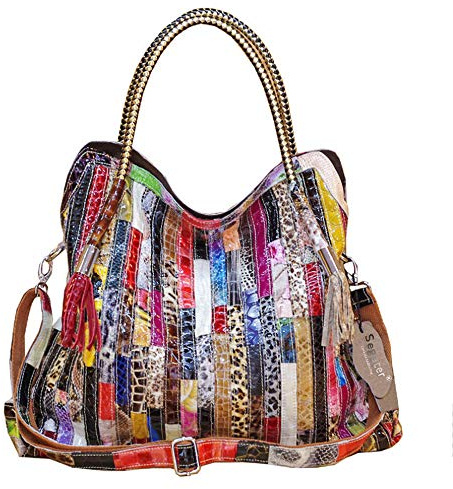 Segater® Damen Multicolor Einkaufstasche Echtes Leder Handtasche Bunte Patchwork Große Umhängetasche Shopper Taschen Großer Crossbody Hobo Handtasche