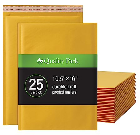 Quality Park Large Bubble Mailers, 10.5 x 15 Shipping Envelopes, Durable Brown Kraft Padded Envelopes, Redi-Strip Peel Off Closure, 25/Box (QUA85763)