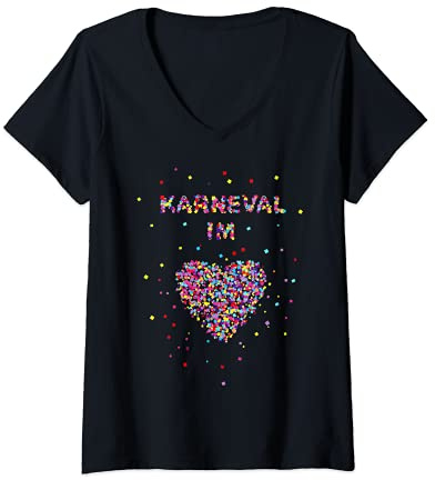Damen Karneval im Herzen Fasching Karneval Konfetti Herz Kostüm T-Shirt mit V-Ausschnitt