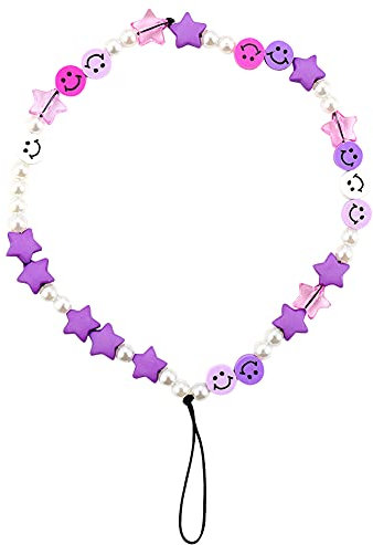 ISAKEN Acryl Lächeln Stern Perlen Handykette Telefon Anhänger Anti-Verlorene Telefon Kette Handy Strap Böhmische Schlüsselband Kette Mobile Phone Hängende Schnur Handy-Schmuck für Frauen Damen