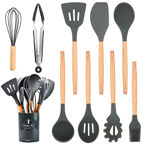 Xiumeso Silikon Kochlöffel Set, 9 Stücke küchenutensilien küchenzubehör, Antihaftes Hitzebeständiges Küchenhelfer Set mit Holzgriff, BPA-frei, Silikon-Kochbesteck-Set zum Backen & Servieren