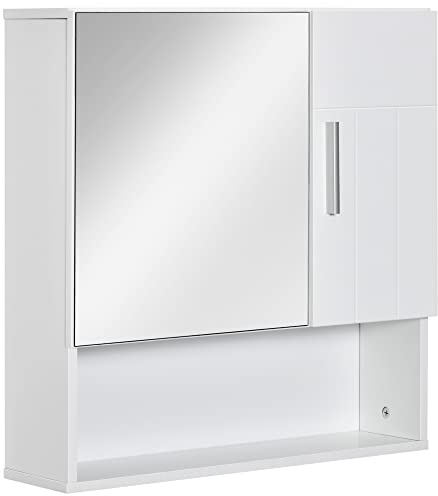 kleankin Bathroom Mirror Cabinet, Wall Mounted Storage Cupboard Organizer with Double Doors and Adjustable Shelf, White