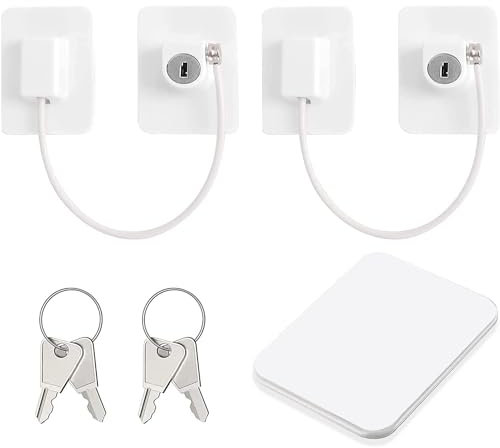 2Pcs Window Restrictor Locks, Self Adhesive UPVC Child Safety Security Wire Catch with Keys for Baby, Professional Ventilation Lock for Home Public and Commercial Application-White