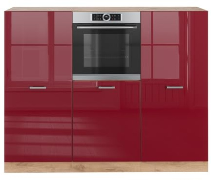 Vicco Küchenblock R-Line, Rot Hochglanz/Goldkraft Eiche, 180 cm | 3 Module · Höhenverstellbare Füße · Ohne Arbeitsplatte · Robuste Fronten · Mit Backofenschrank · Frei kombinierbar