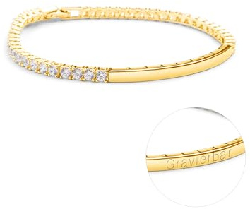 Amoonìc Damen Armband Gold mit Gravur | Tennisarmband mit Zirkoniasteinen | Personalisierte Armkette für Frauen als Geschenk für Mutter Tochter Freundin