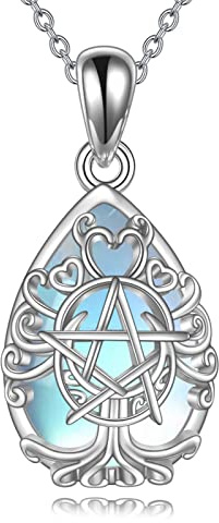YFN Halskette mit dreifacher Mondgöttin, Sterlingsilber, Pentagramm, Pentagramm, Mondstein, Anhänger, Halskette, heidnischer Wicca-Magie-Amulett, Baum des Lebens, Schmuck