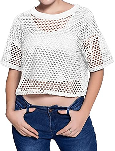 Las Mujeres Camisetas de Rejilla Chic Mesh Top tee Shirt Verano de Manga Corta Top Malla Camiseta Deportes Casual Tops