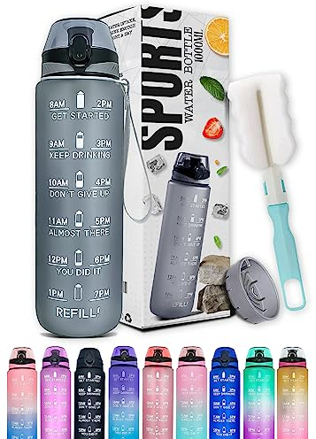 Roe Tenpo Water Bottle 1L, Sports Water Bottle with Time Markings, BPA-Free, Leak-Proof Drinks Bottle, Perfect for Running, Cycling, Gym, Yoga, Camping and Outdoor Activities, Grey