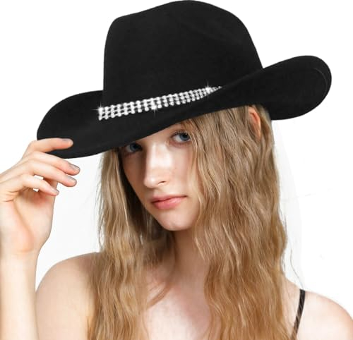 INOGIH Western Cowboy Hut mit Gürtel für Frauen - Panama Hut aus Wollfilz, Schwarz Strass Stirnband