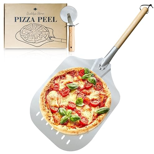 Buddy´s Store Pizzaschieber perforiert, Pizzaheber, Pizzaschaufel aus Aluminium, Pizzaschaufel mit langem abnehmbaren Holzgriff 35,5x30,5cm; Gesamtlänge 62,8cm