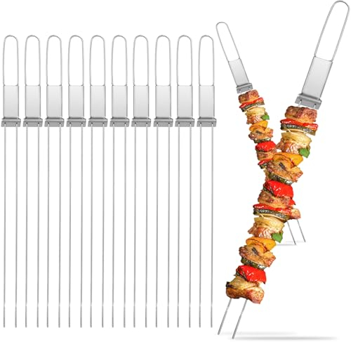 Metal Skewers, 17(10PCS), Double Pronged Flat Stainless Steel with Slider